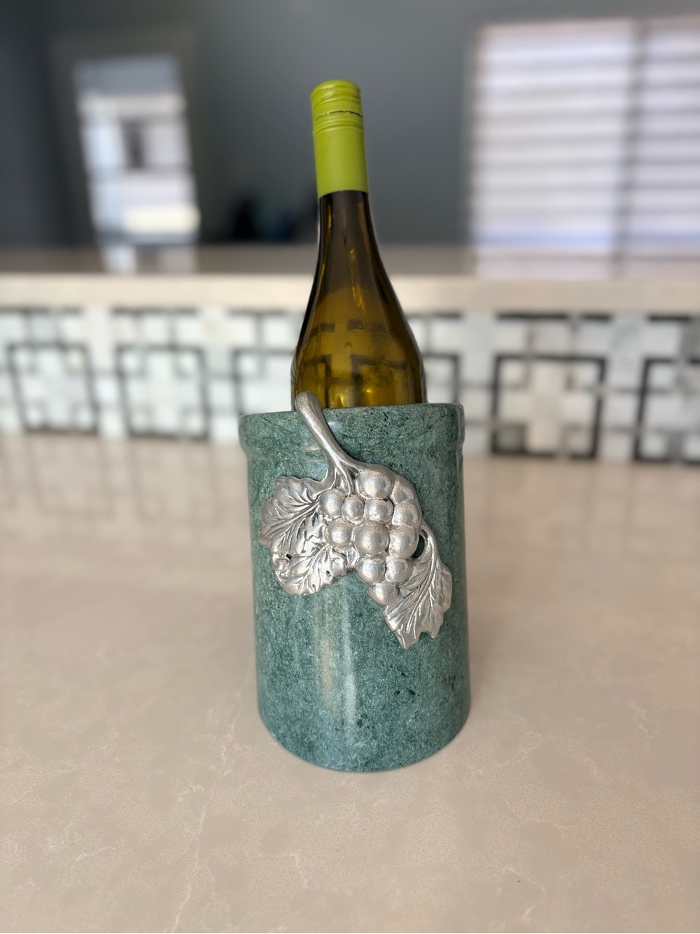 Vintage Angled Solid Green Marble & Pewter Wine Chiller | Grape Harvest Cooler - Picture 3 of 11